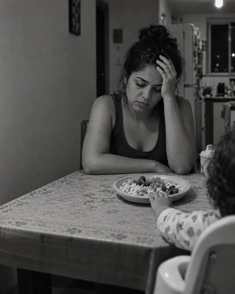 Mãe cansada à mesa do jantar, com o prato do filho intacto