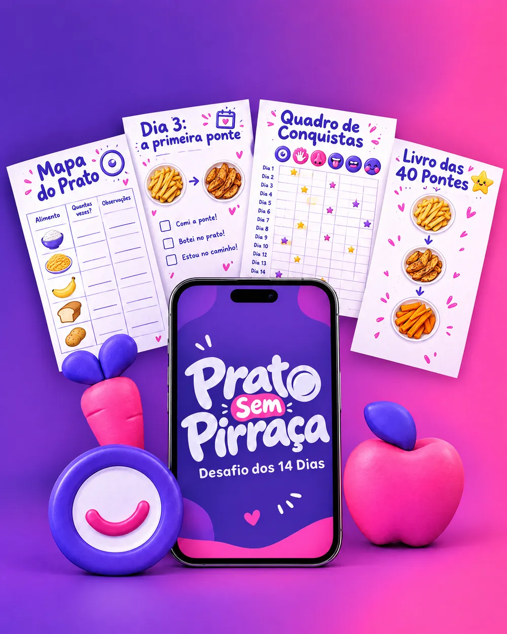 Kit Prato Sem Pirraça: Desafio dos 14 Dias no celular, Mapa do Prato, Quadro de Conquistas e Livro das 40 Pontes