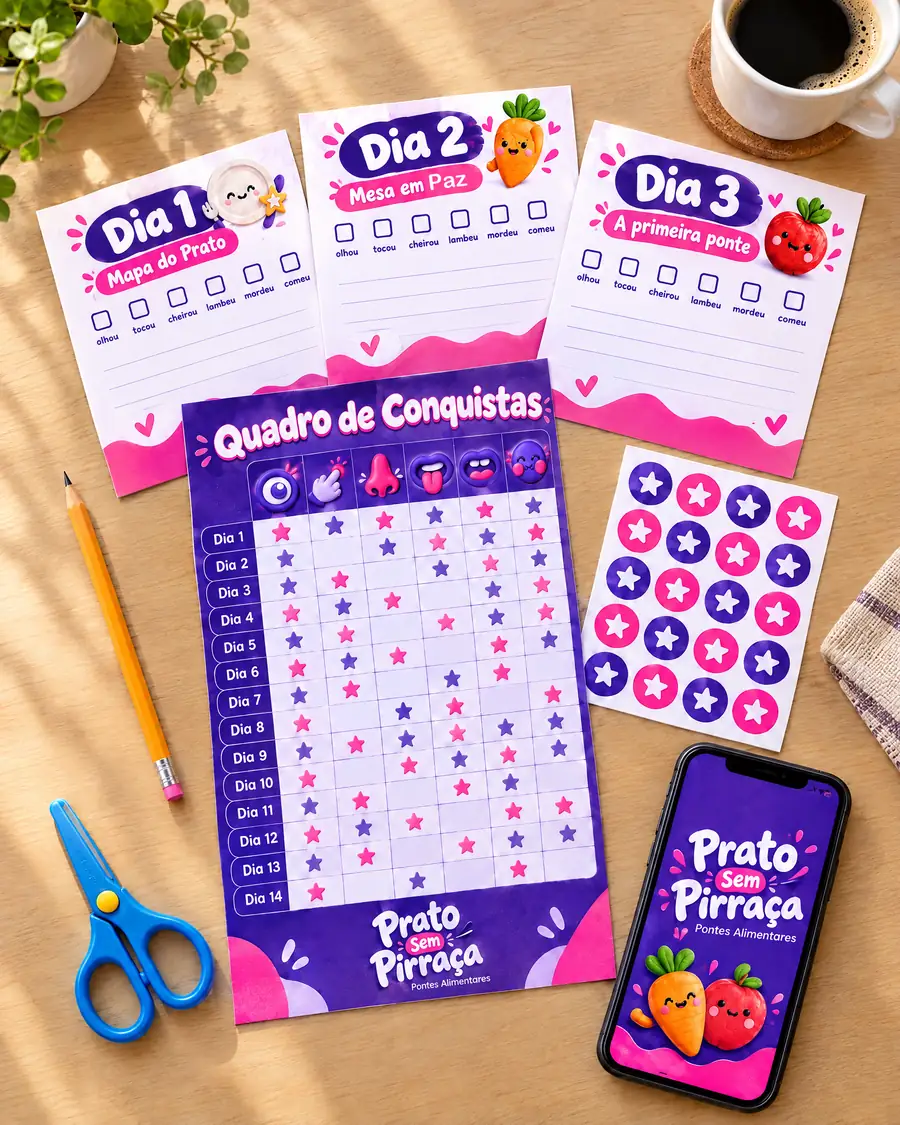 Kit Prato Sem Pirraça impresso sobre a mesa: fichas do Dia 1 ao Dia 3, Quadro de Conquistas, adesivos e o celular com o PDF