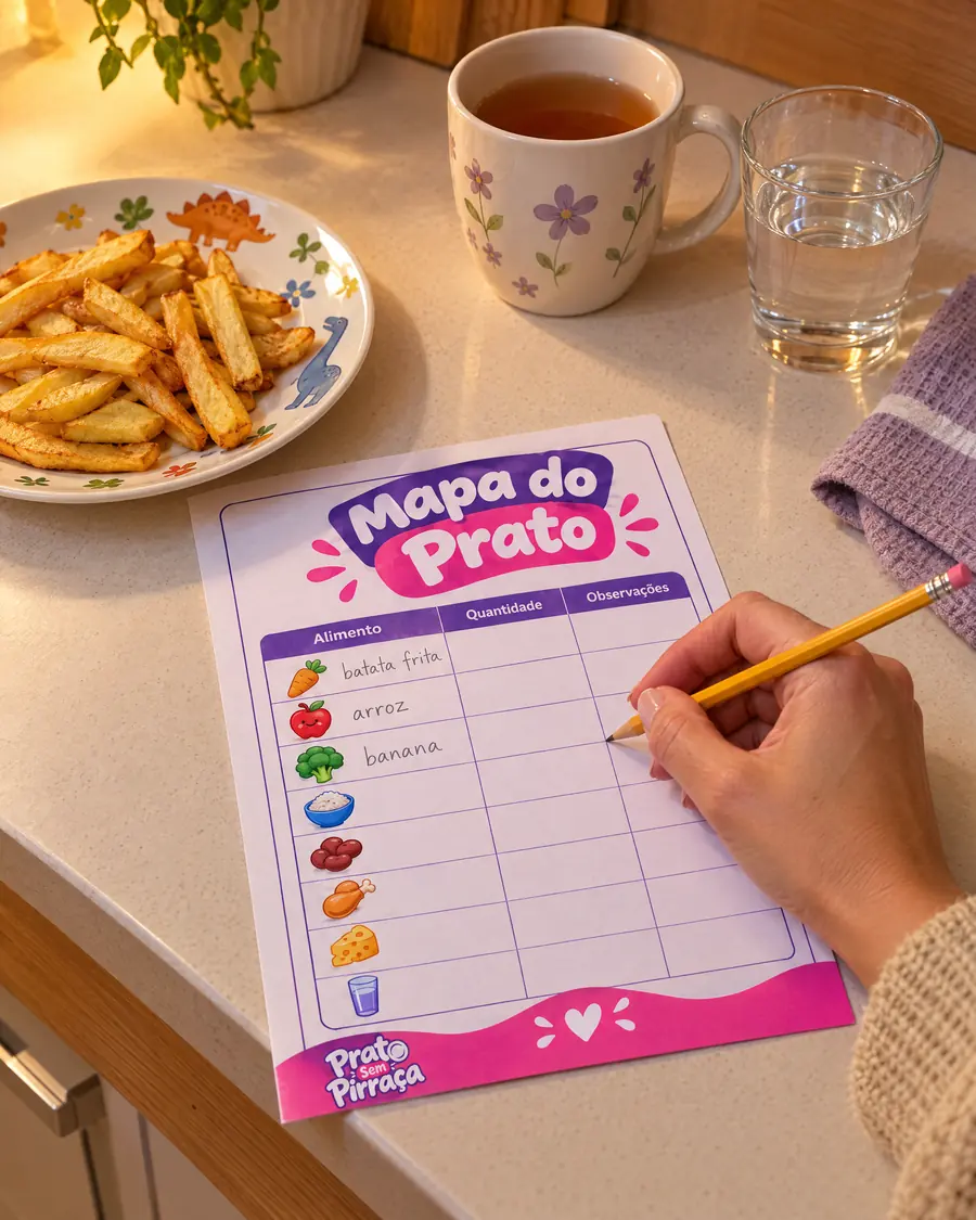 Mão de mãe preenchendo a folha do Mapa do Prato no balcão da cozinha