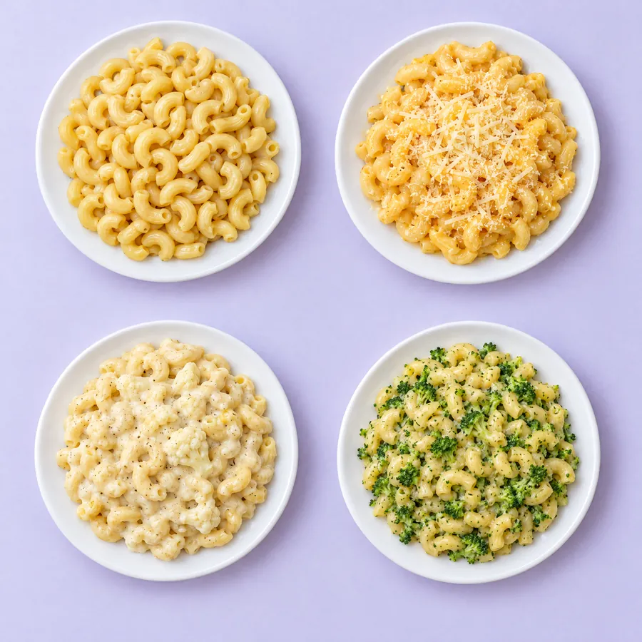 Quatro pratos: macarrão puro, com manteiga e queijo, com molho de couve-flor e com brócolis picadinho