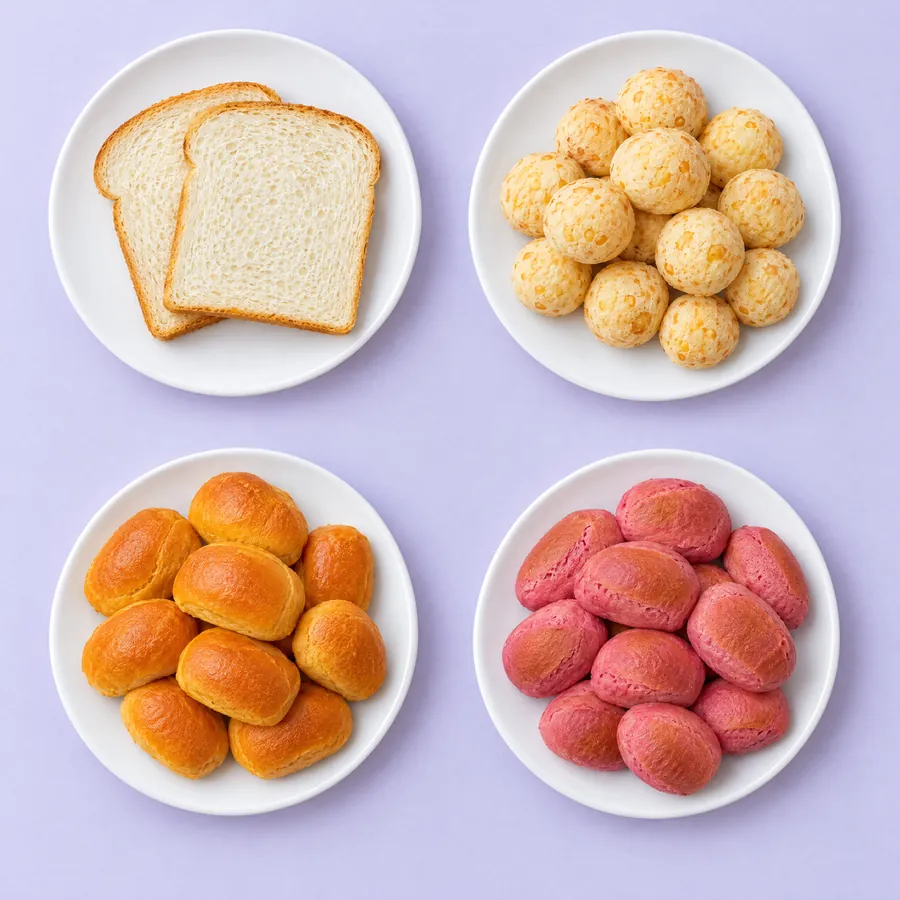 Quatro pratos: pão de forma, pão de queijo, pãozinho de cenoura e pãozinho de beterraba